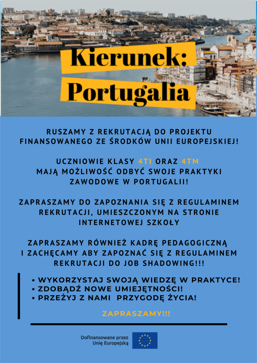 Plakat z informacją o rekrutacją do projektu Erasmus +