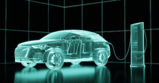 Electric car in digital futuristic style. Environmentally friendly car charger. 3D rendering Obraz dekoracyjny